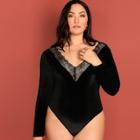 Shein Plus Eyelash Lace Insert Velvet Fitted Bodysuit