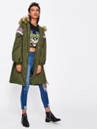 Shein Faux Fur Hoodie Embroidered Tape Detail Parka Coat