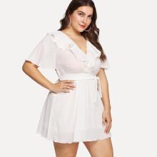 Shein Plus V Neckline Belted Ruffle Dress