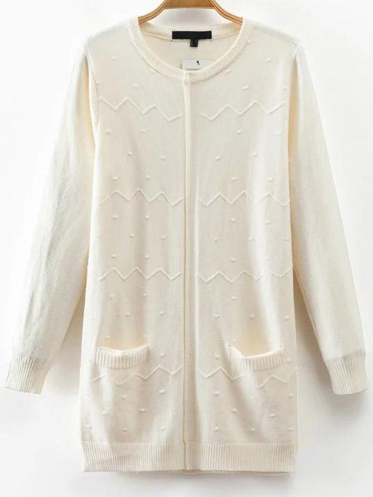 Shein White Round Neck Pocket Long Cardigan