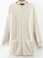 Shein White Round Neck Pocket Long Cardigan