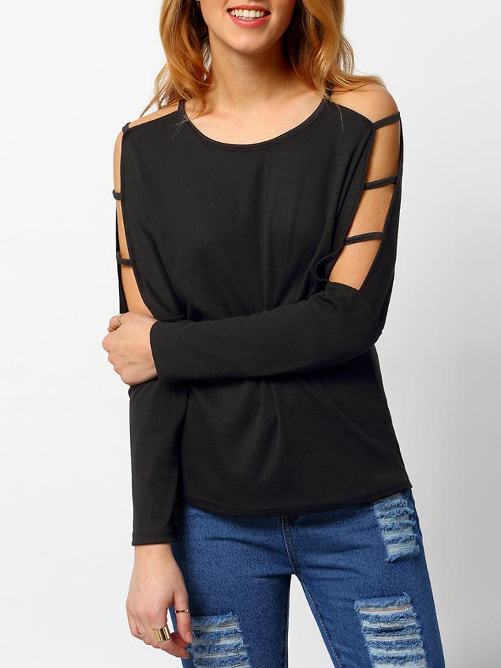 Shein Black Hollow Long Sleeve Slim T-shirt