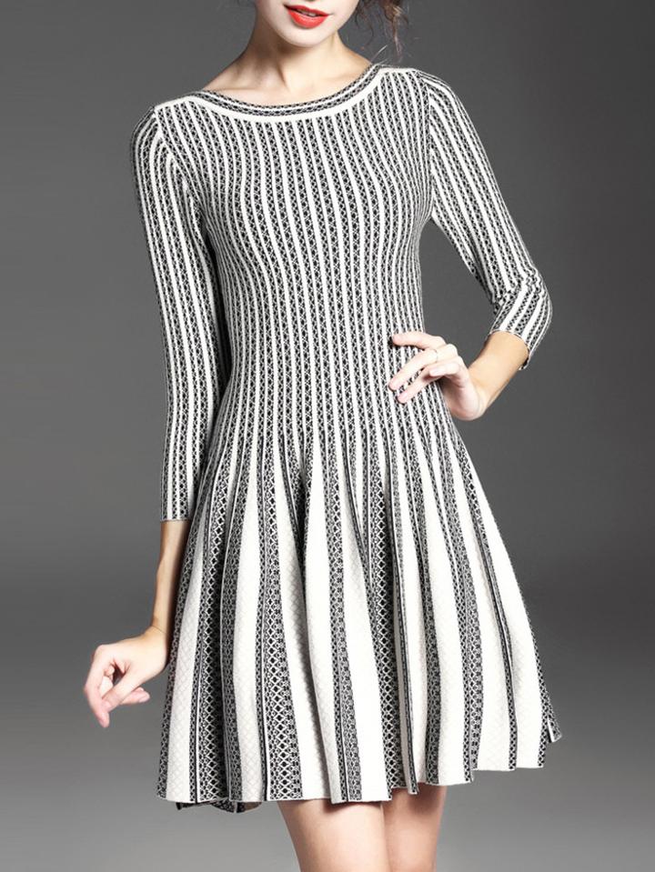 Shein White Black Color Block Pleated A-line Dress