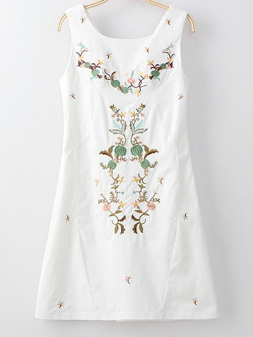 Shein White Sleeveless Zipper Side Embroidery Dress