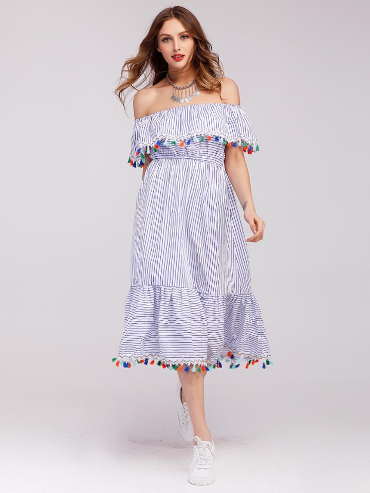 Shein Flounce Layered Neckline Tassel Trim Striped Dress