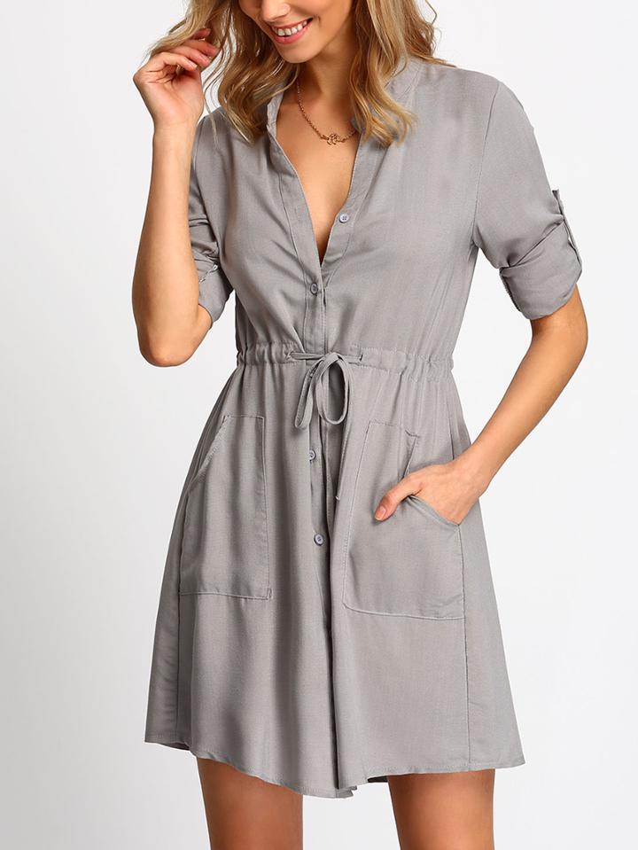 Shein Grey V Neck Drawstring Waist Pockets Dress