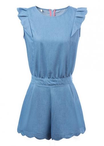 Rosewe Cap Sleeve Denim Blue Round Neck Romper