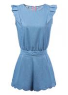 Rosewe Cap Sleeve Denim Blue Round Neck Romper