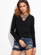 Shein Black Ladder Cutout V Neck T-shirt