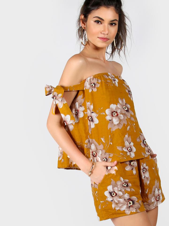 Shein Floral Tie Sleeve Bardot Top And Shorts Co-ord