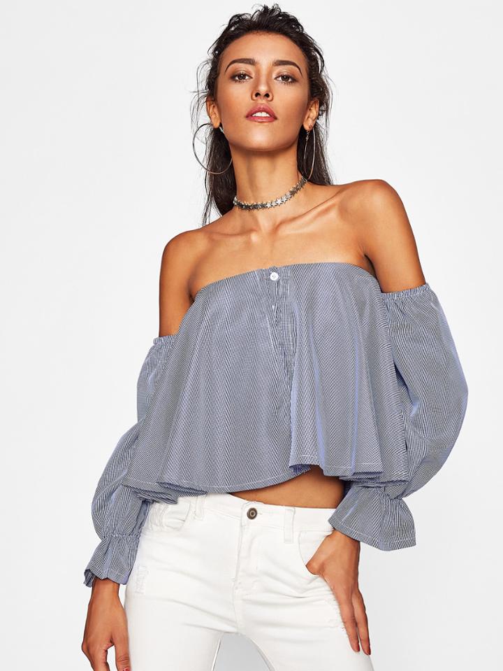 Shein Bardot Frill Cuff Gingham Top