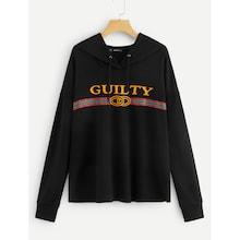 Shein Plus Stripe & Letter Print Drawstring Hoodie