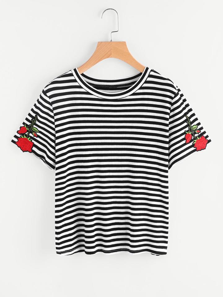 Shein Rose Patch Rib Knit Striped Tee