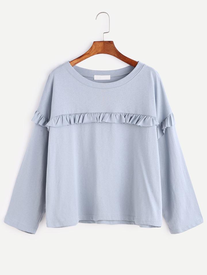 Shein Blue Drop Shoulder Ruffle Trim T-shirt