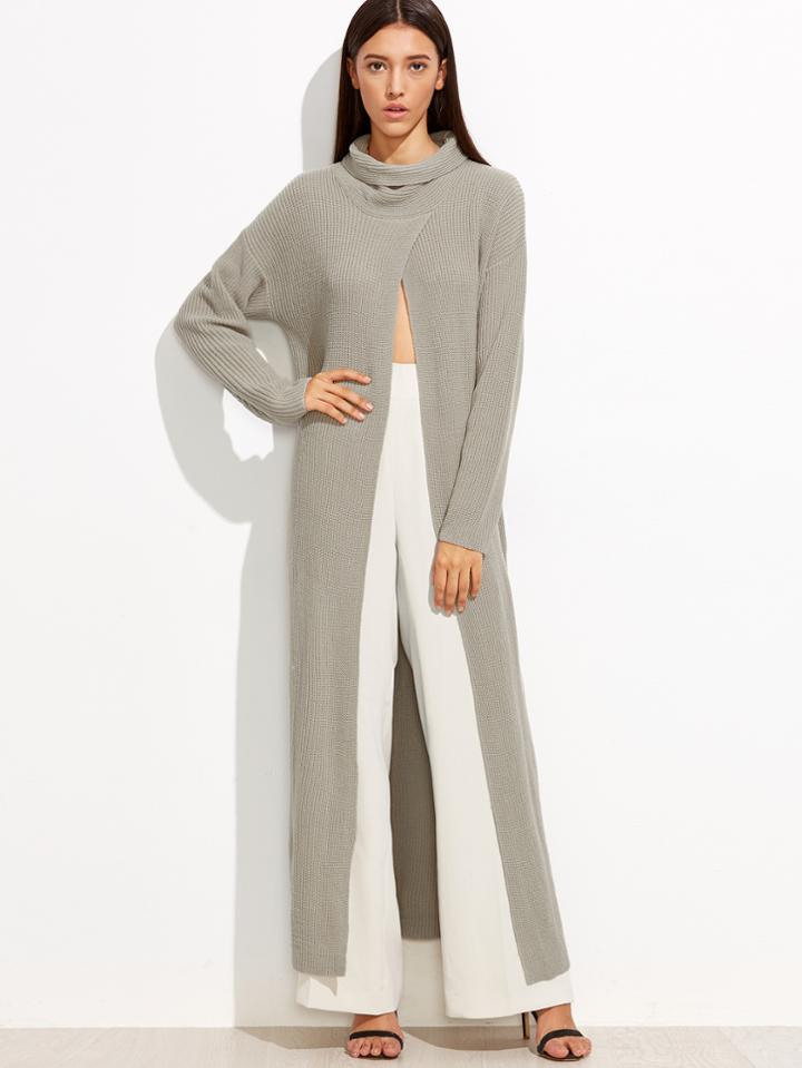 Shein Grey Funnel Neck Open Front High Slit Long Sweater