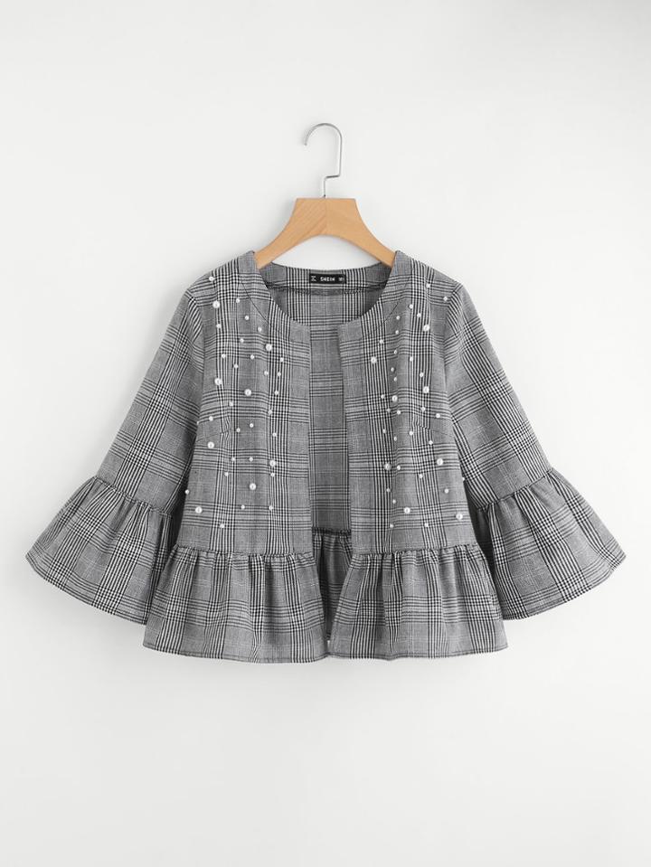 Shein Pearl Beading Frilled Plaid Jacket