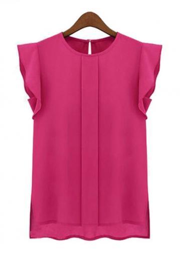 Rosewe Brief Round Neck Rose Chiffon Tees With Frill