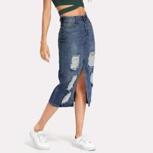 Shein Split Front Ripped Faded Denim Skirt