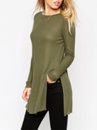 Shein Army Green Round Neck Split T-shirt