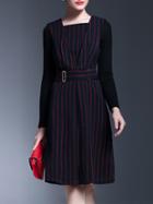 Shein Black Belted Striped Shift Dress