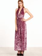 Shein Plunging V Neckline Self Tie Crushed Velvet Halter Dress