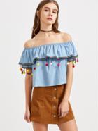 Shein Blue Embroidered Tape And Pom Pom Trim Off The Shoulder Top