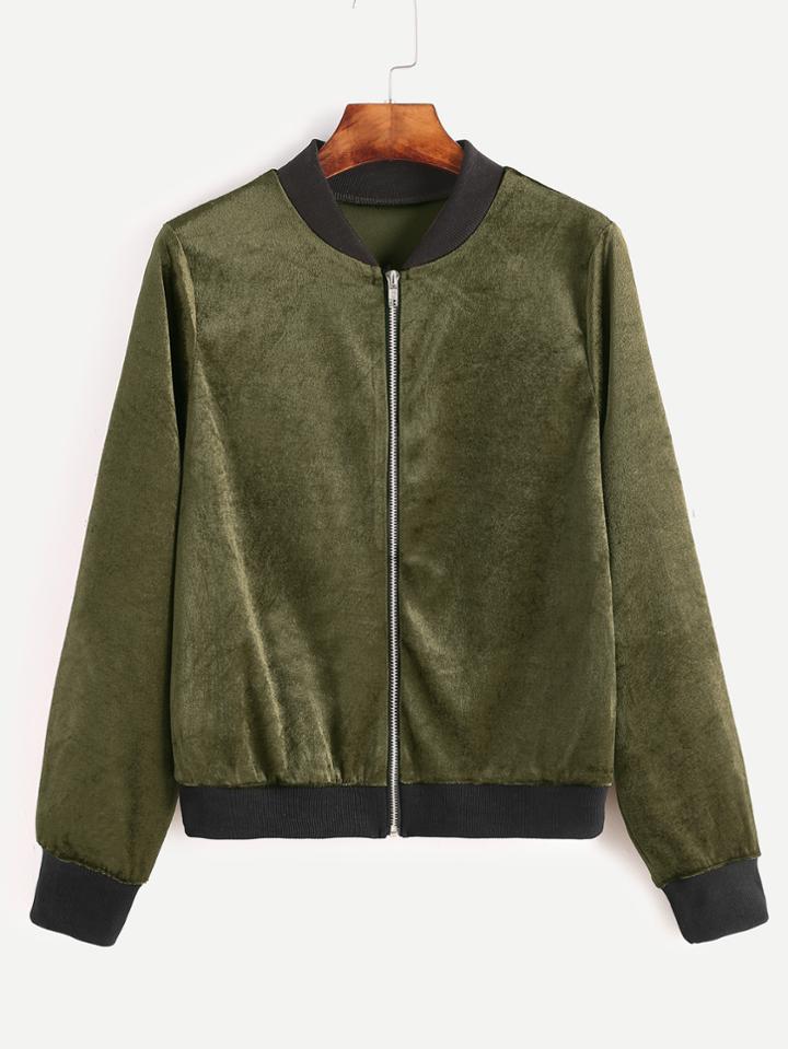 Shein Army Green Contrast Ribbed Trim Velvet Jacket