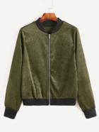 Shein Army Green Contrast Ribbed Trim Velvet Jacket