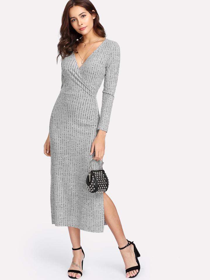 Shein V Neckline Split Side Slub Knit Dress