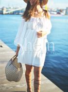 Shein White Cold Shoulder Bell Sleeve Eyelet Dress