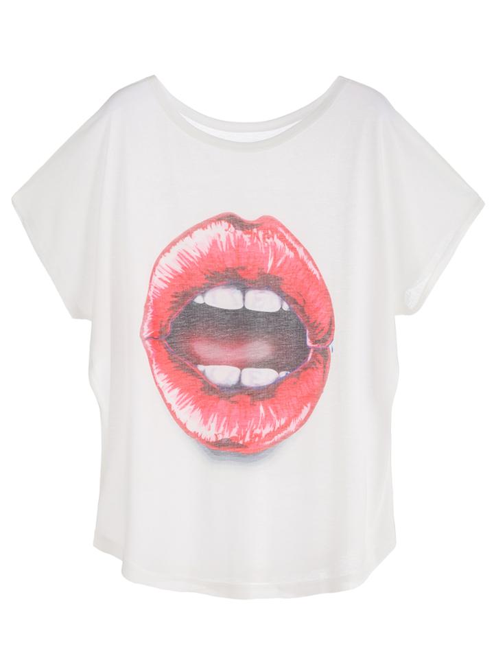 Shein White Lip Print Dolman Sleeve T-shirt