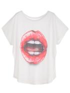 Shein White Lip Print Dolman Sleeve T-shirt