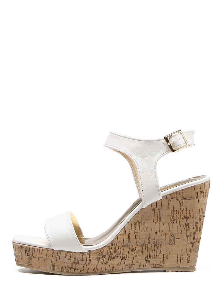 Shein White Peep Toe Buckle Cork Wedge Sandals