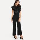Shein Mesh Ruffle Trim Button Front Tailored Jumpsuit