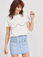 Shein White Boob Print Embroidered T-shirt