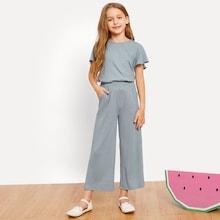 Shein Girls Trumpet Sleeve Top & Wide Leg Pants Set