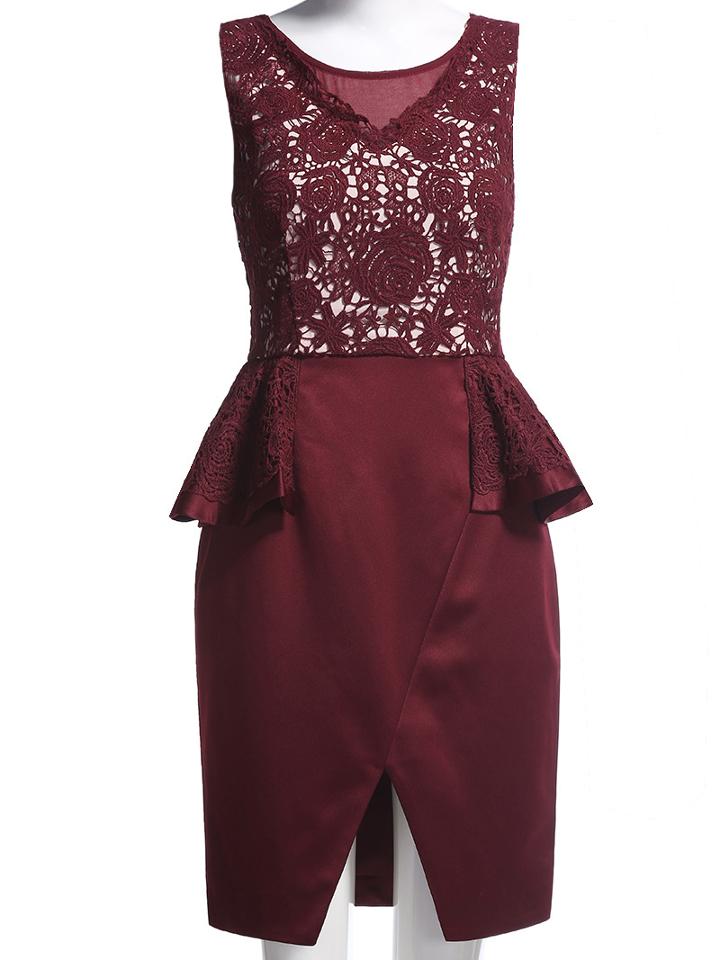 Shein Wine Red Round Neck Sleeveless Contrast Gauze Dress
