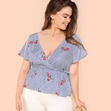 Shein Plus Double V Neckline Mixed Print Top
