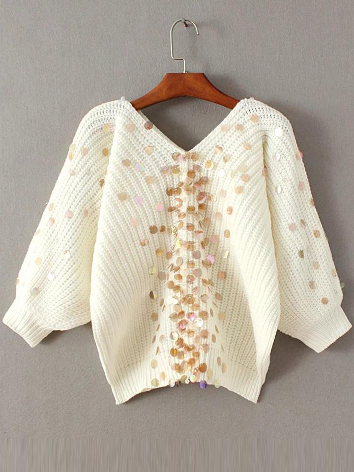 Shein White Sequin Detail V Neck Lantern Sleeve Sweater