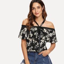 Shein Floral Print Ruffle Trim Halter Blouse