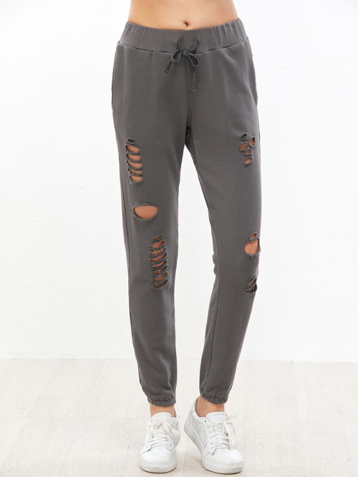 Shein Grey Drawstring Waist Distressed Sweatpants