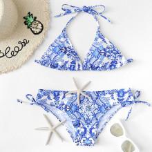 Shein Porcelain Print Self Tie Bikini Set