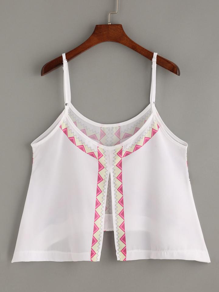 Shein White Tribal Print High Low Slit Back Cami Top
