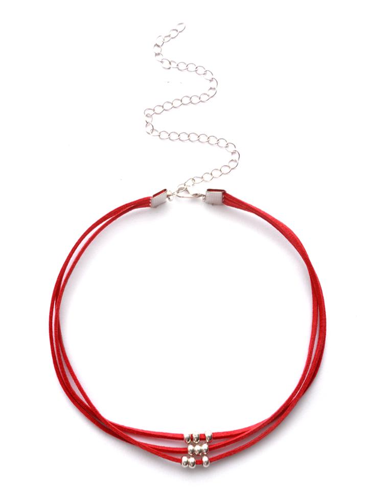 Shein Red Layered Bead Charm Suede Choker