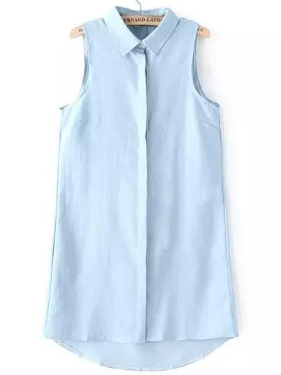 Shein Blue Lapel Sleeveless Denim Shirt Dress