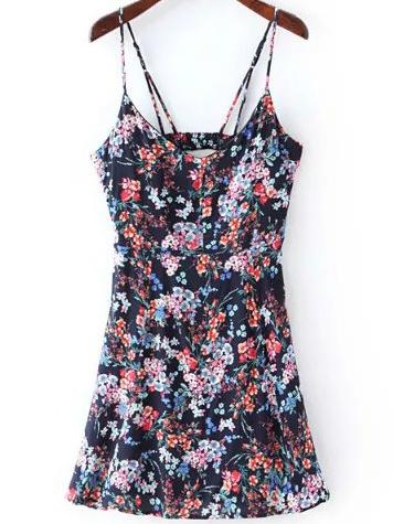 Shein Florals Cut Out Navy Cami Dress