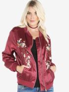Shein Orchid Embroidered Satin Bomber Jacket Burgundy