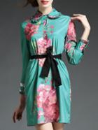 Shein Green Lapel Tie-waist Floral Dress