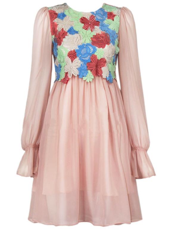 Shein Pink Round Neck Long Sleeve Crochet Dress