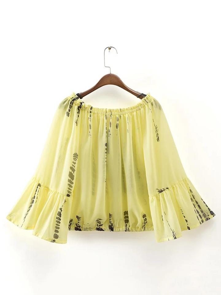 Shein Yellow Tie Dye Print Off The Shoulder Bell Sleeve Top